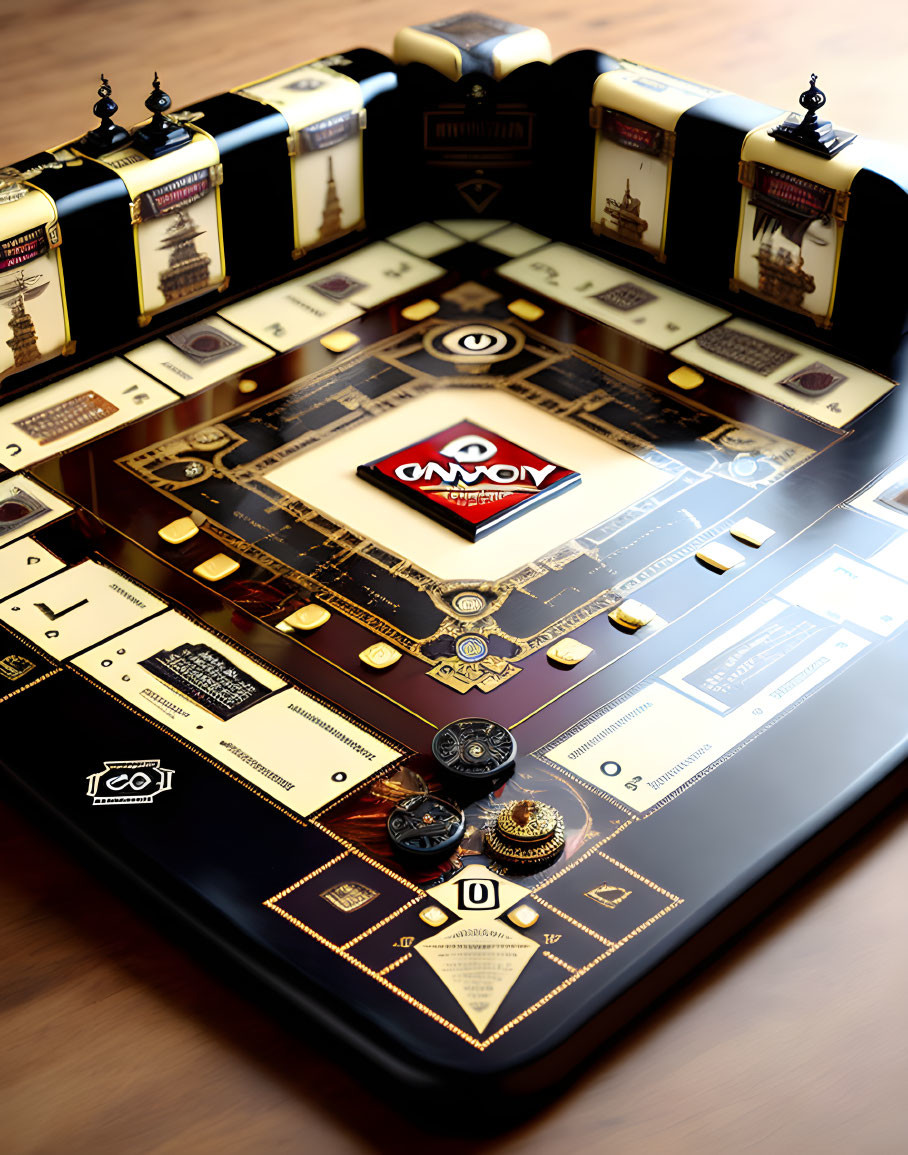 Luxury Monopoly Board Game Set with Gold Accents and Wooden Surface