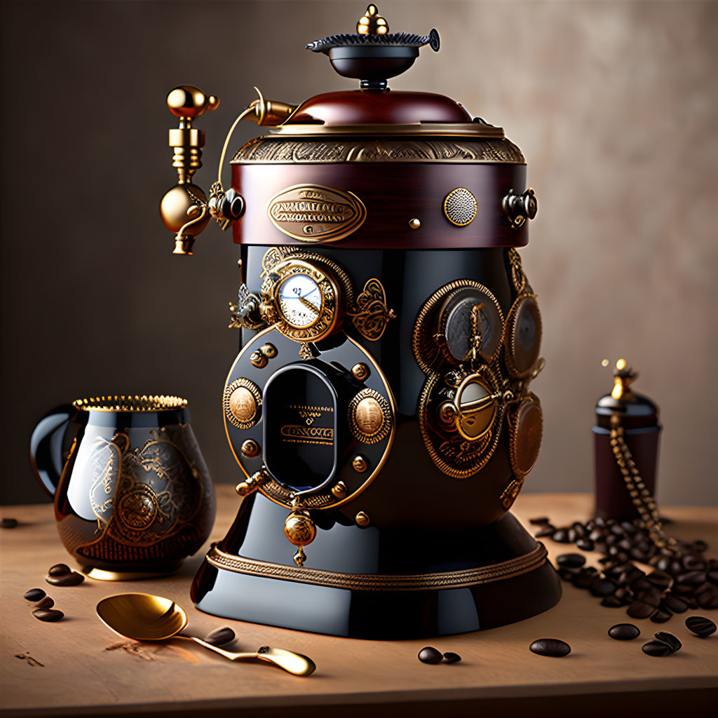 Steampunk-style ornate coffee grinder with intricate details and coffee beans on wooden surface