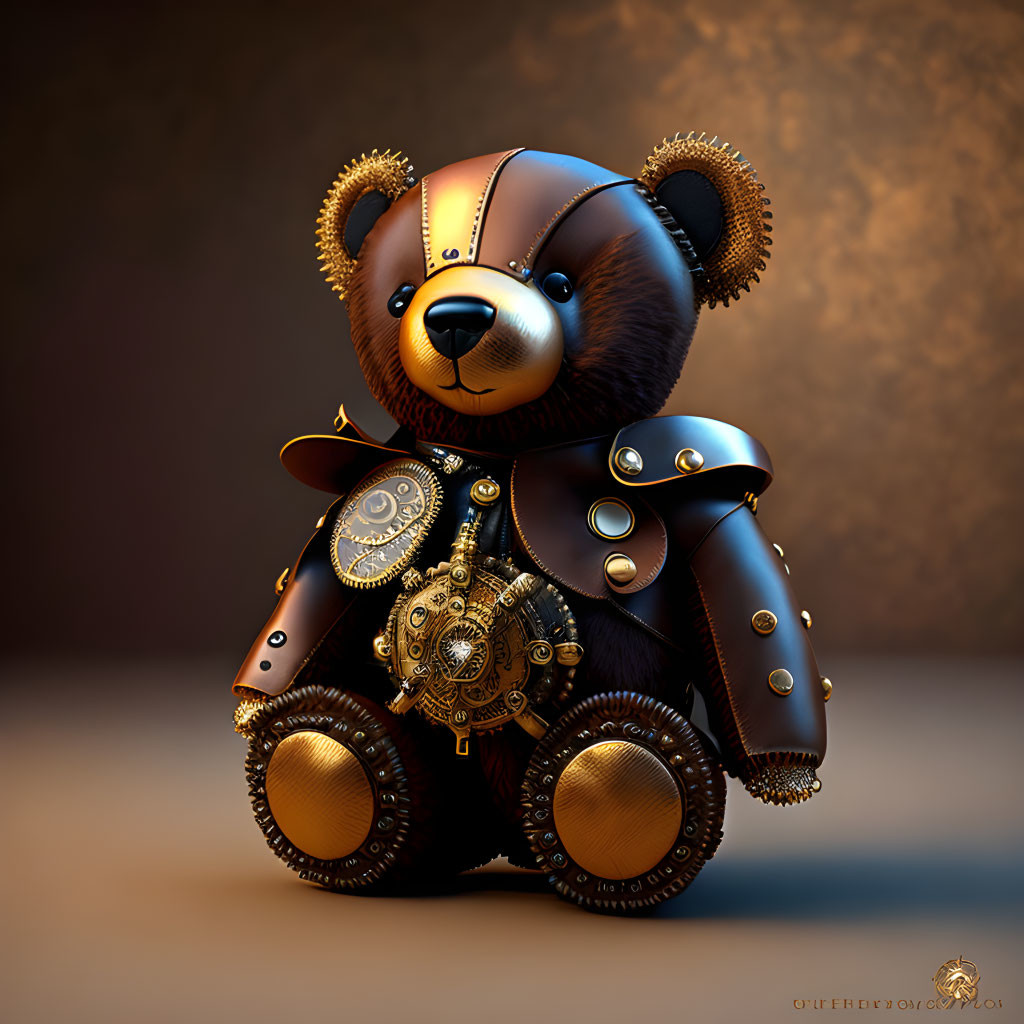 Steampunk-style Teddy Bear with Mechanical Details on Warm Brown Background