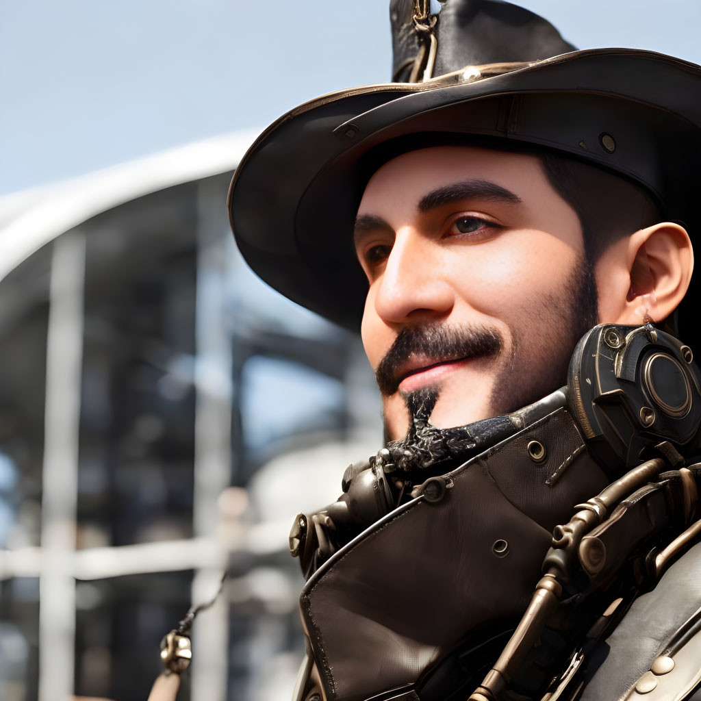 Close-up of man with mustache in cowboy hat & black leather outfit with metal details.