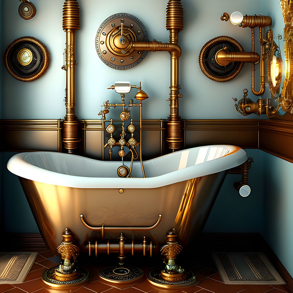 Steampunk-inspired Bathroom with Copper Bathtub & Brass Fixtures