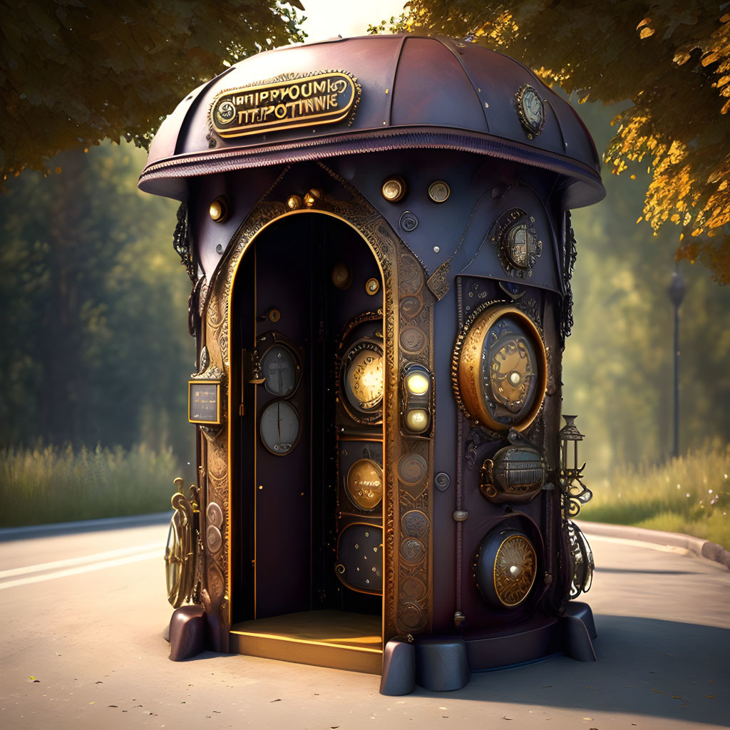 Steampunk-style booth with brass gears in forest setting