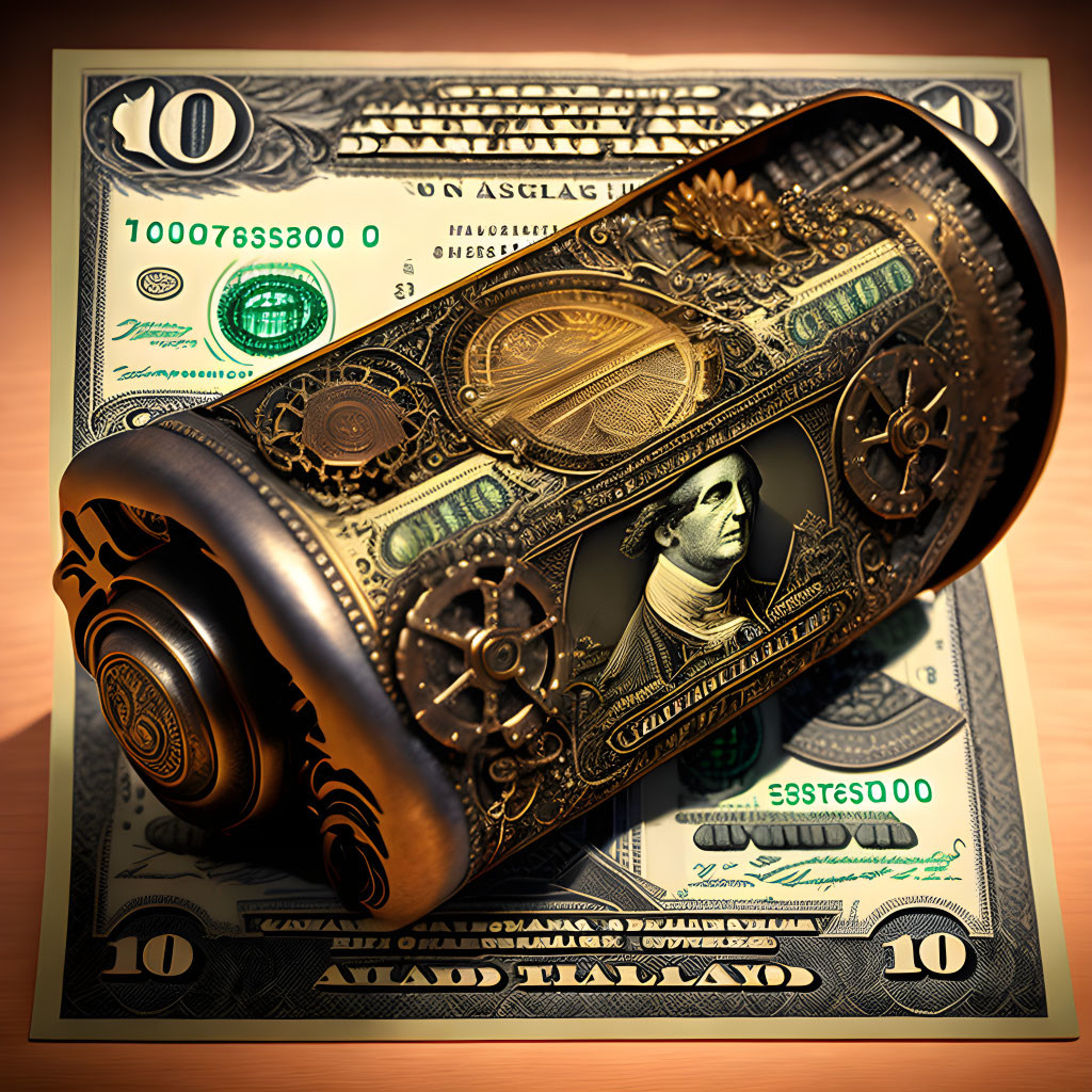 Steampunk-style antique phone with US ten-dollar bill design on wooden surface