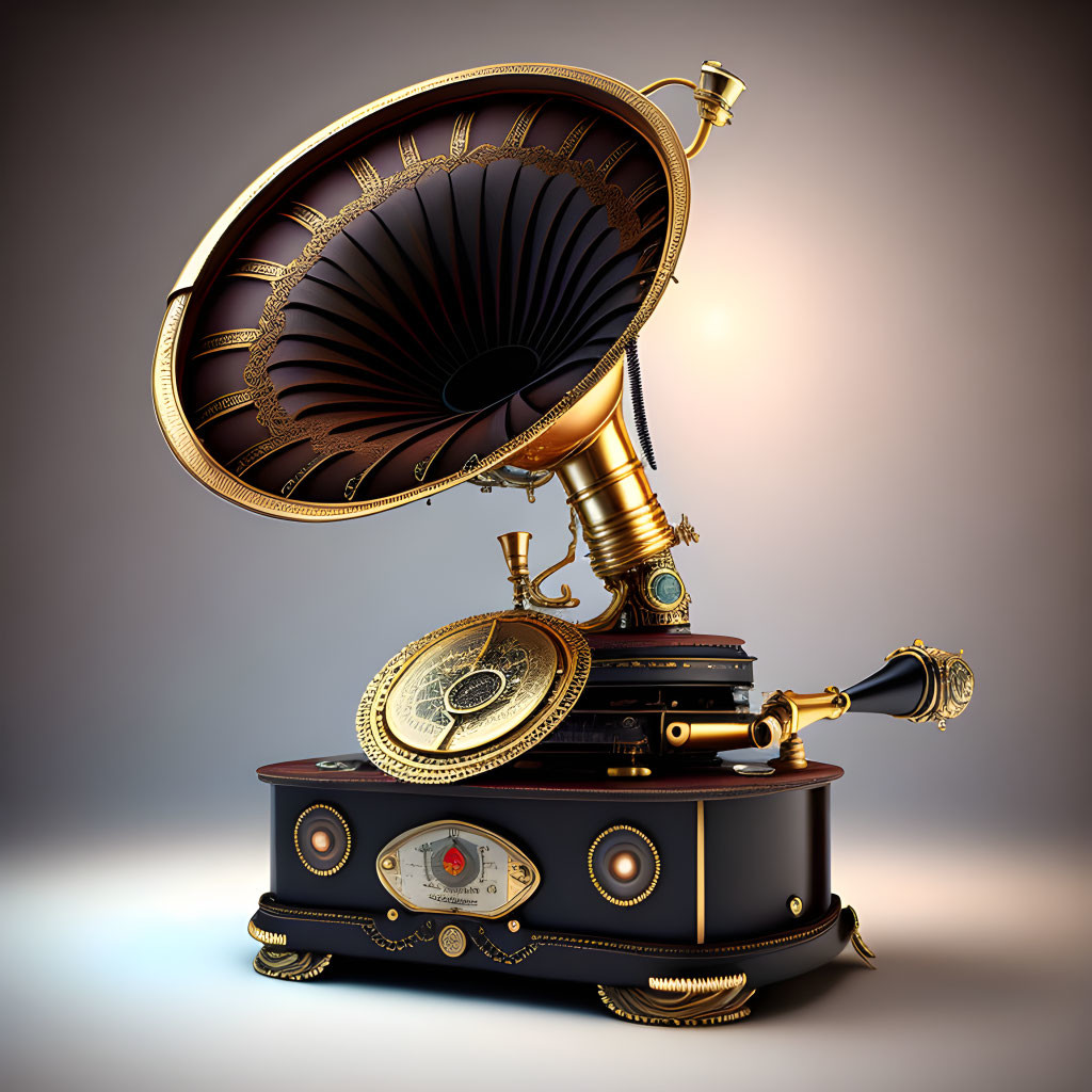 Steampunk-style Gramophone with Brass Accents on Gradient Background