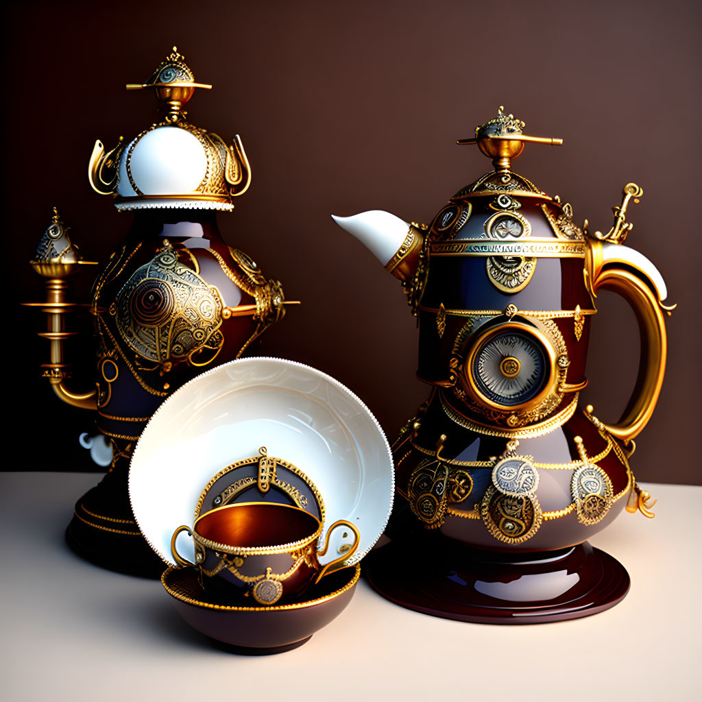 Steampunk-themed ornate tea set with gears and metallic accents in brown, gold, and white