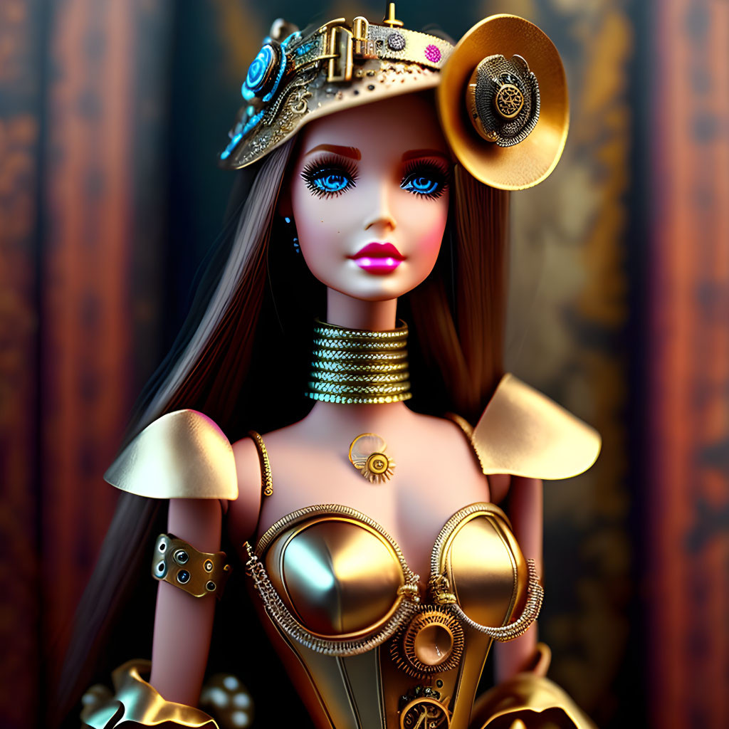 Steampunk-themed doll with brass accessories and goggles hat on patterned backdrop