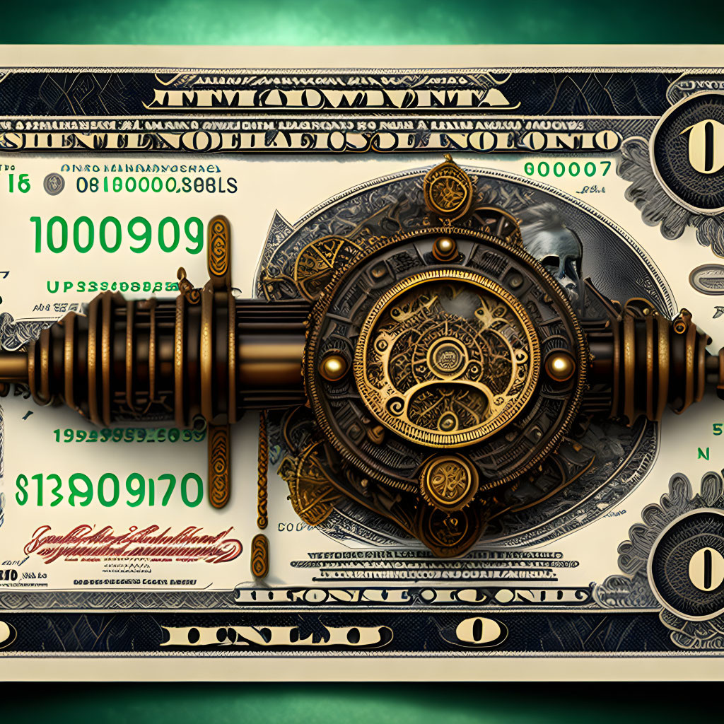 Steampunk mechanism overlaid on a hundred dollar bill design