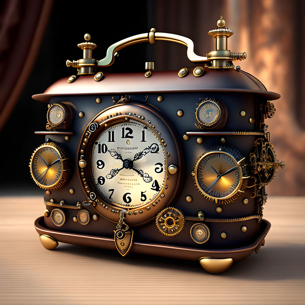 Steampunk-style clock with gears, brass accents, and dials on draped curtain backdrop