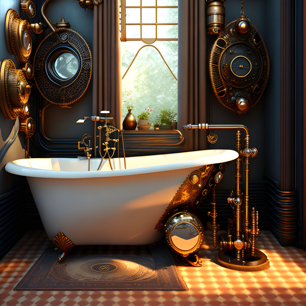 Steampunk-style bathroom with white clawfoot tub and brass fixtures