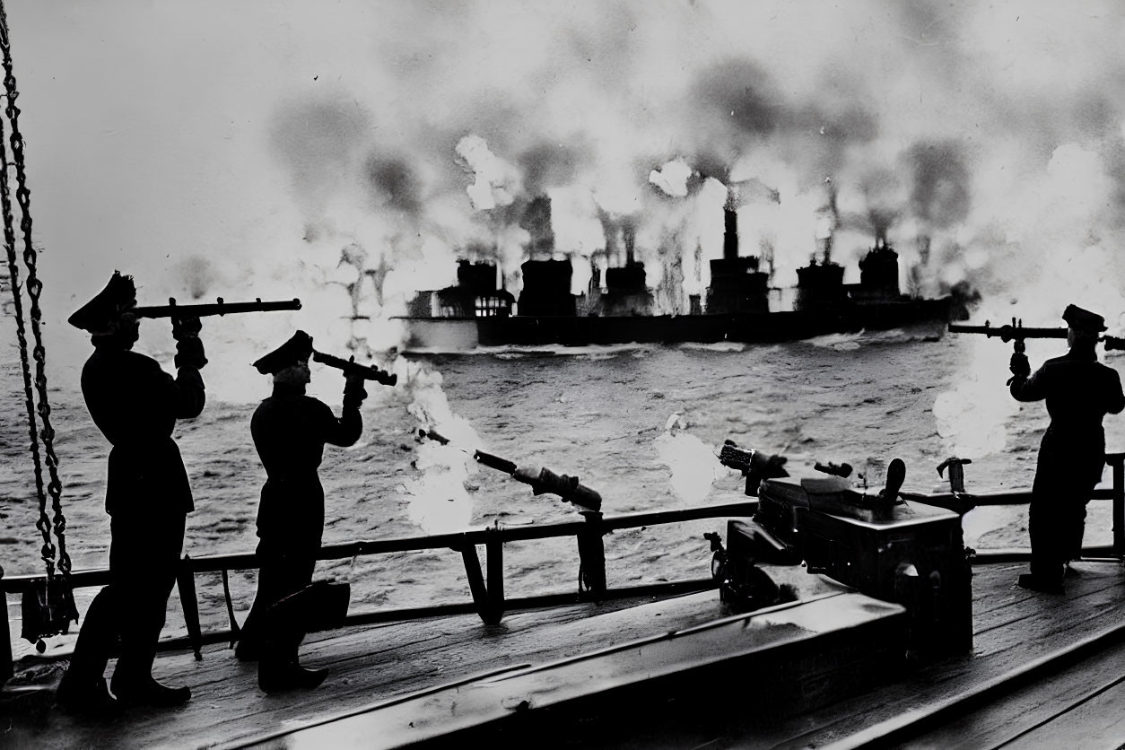 Navy sailors firing salute on ship deck with smoking flotilla