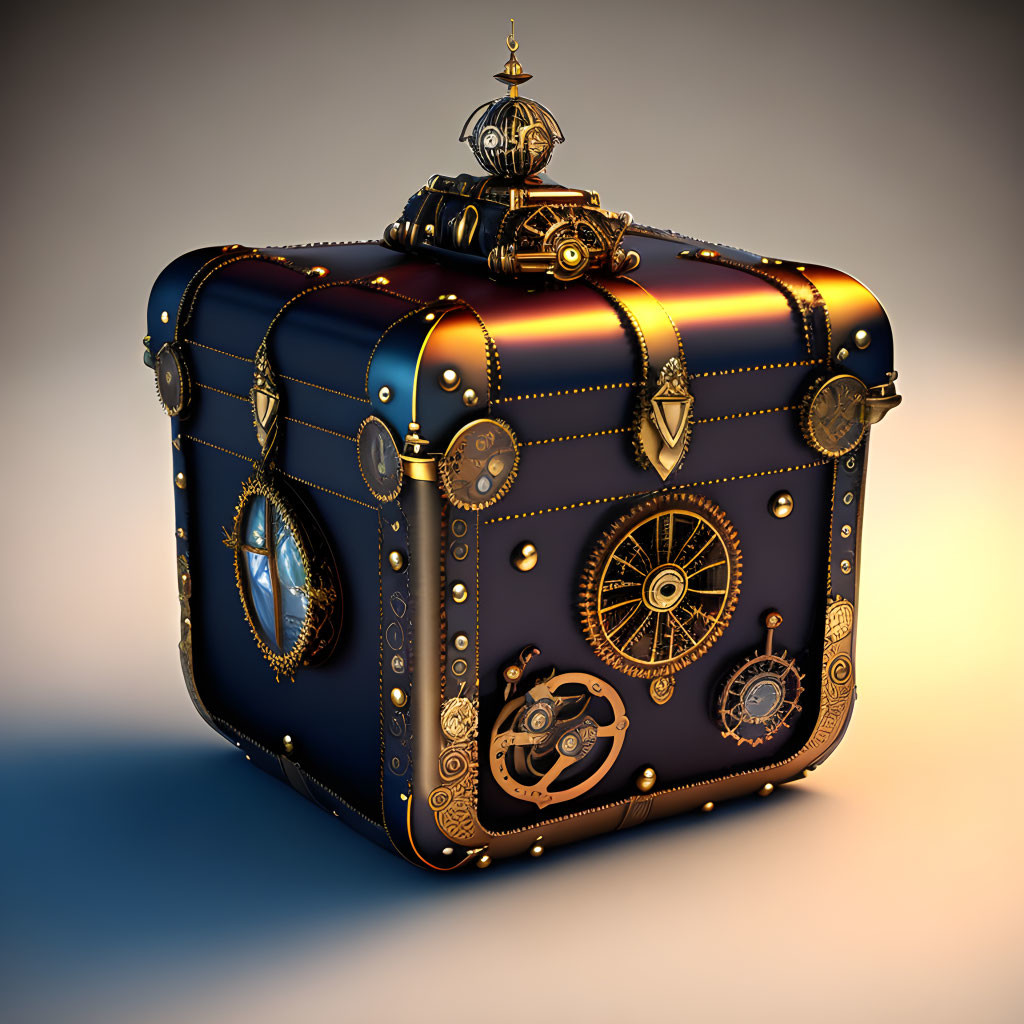 Steampunk-Inspired Chest with Brass Embellishments and Gears