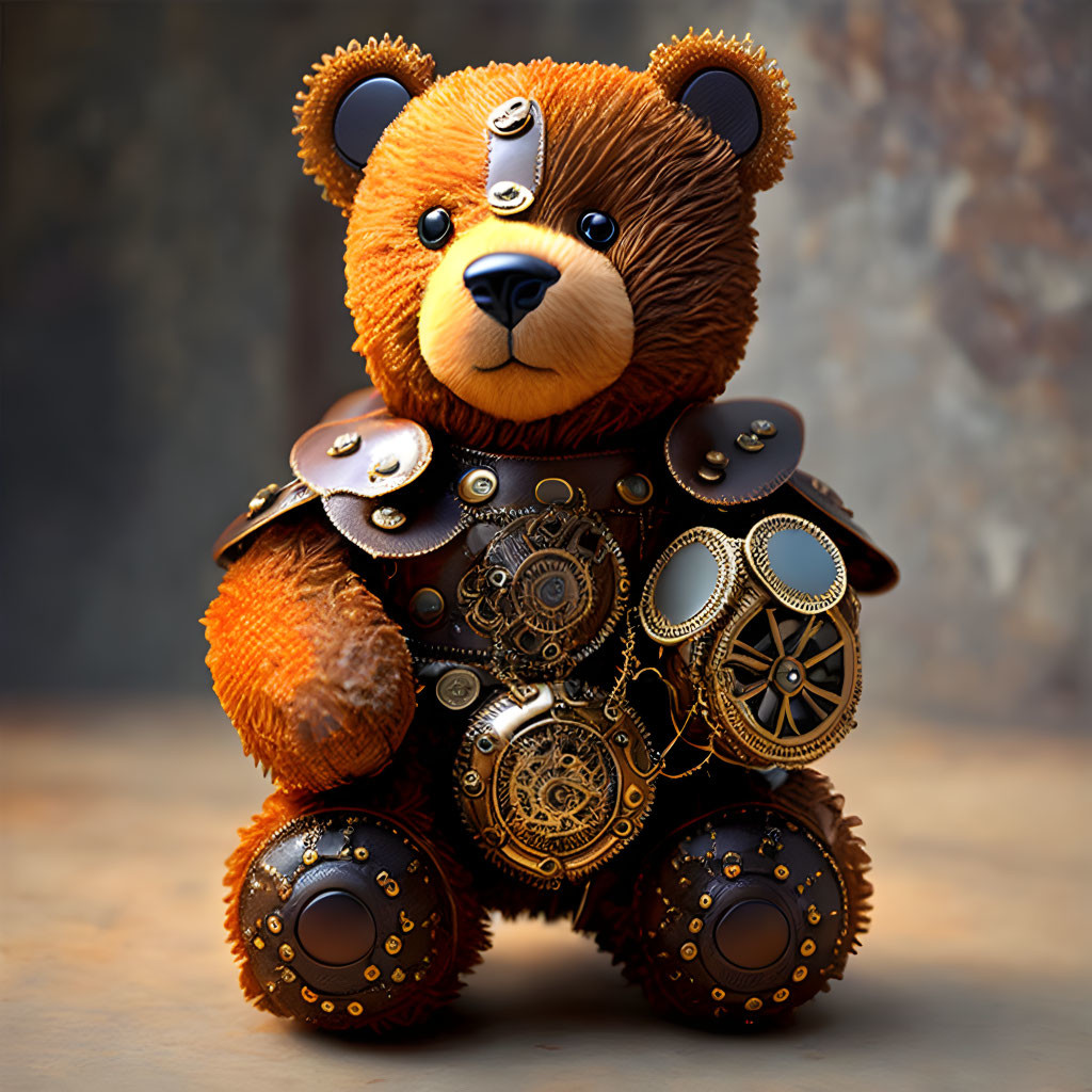 Steampunk-style teddy bear with mechanical cogs on body and limbs