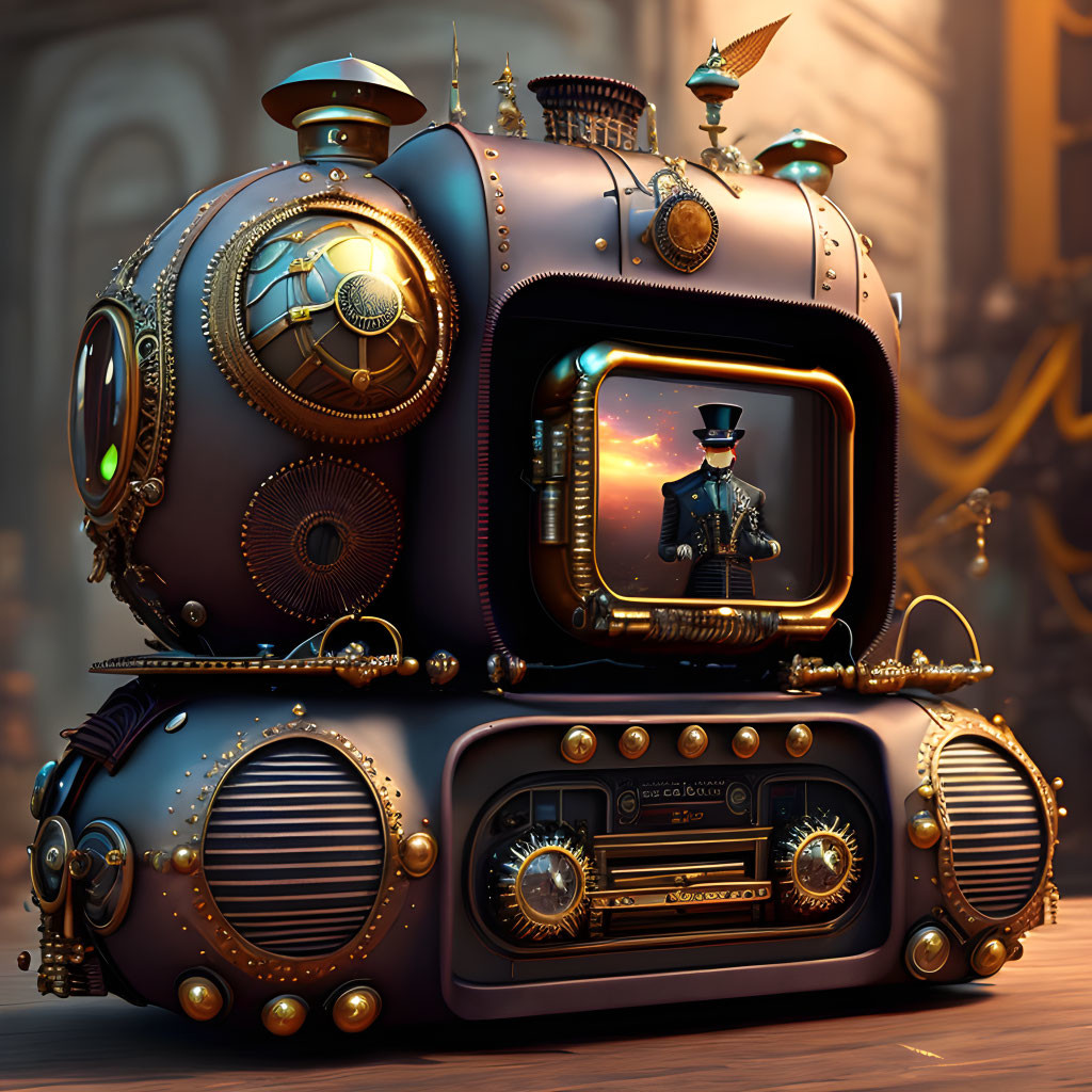 Vintage Steampunk-Style Television with Brass Fittings and Victorian-Era Gentleman Display