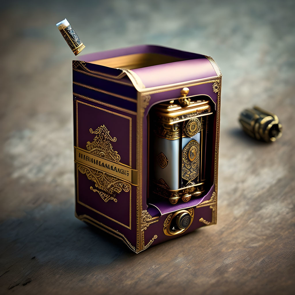 Vintage Purple and Gold Book-Shaped Lighter on Wooden Surface