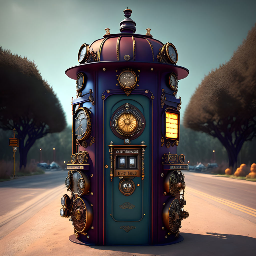 Steampunk-style kiosk with clocks and gears in dimly lit street