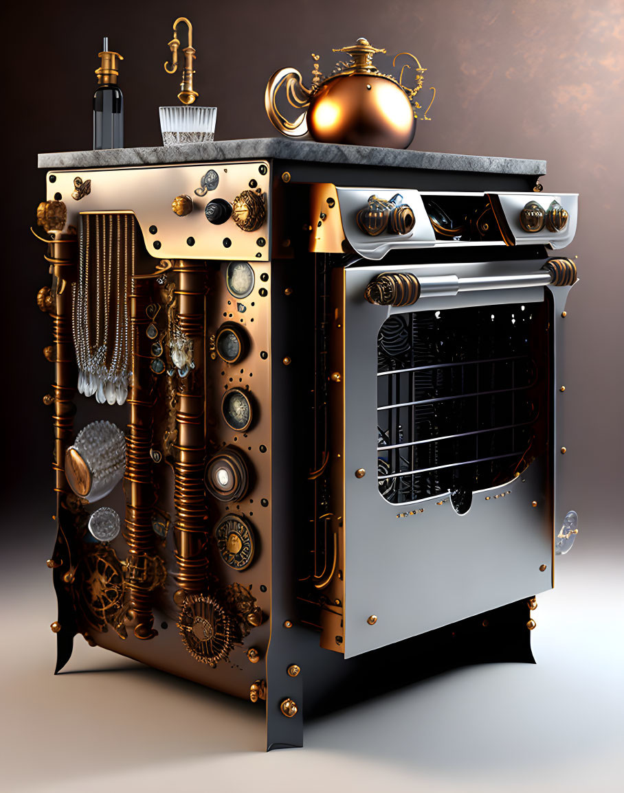 Steampunk-inspired stove with brass accents and gears on brown background