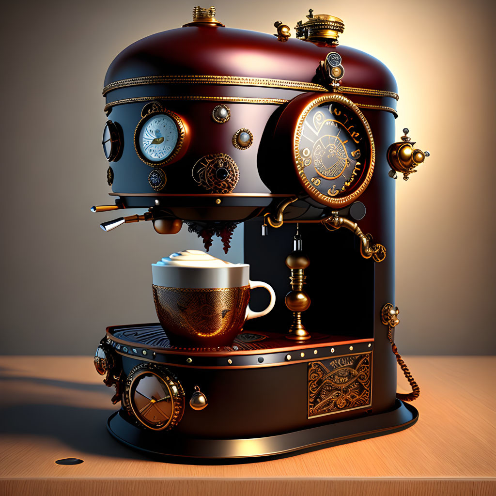 Steampunk-style coffee machine with brass accents and gears, dials, ornate base, and