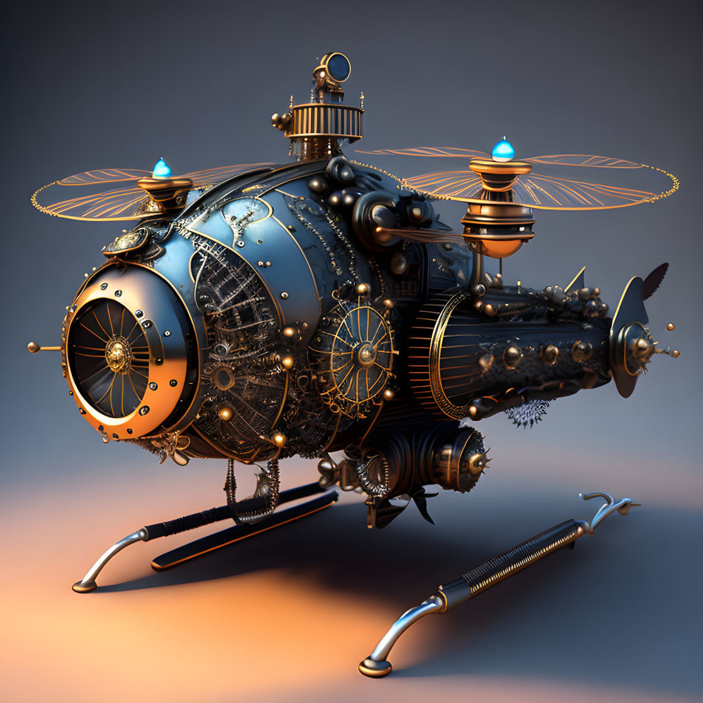 Steampunk-inspired submarine with gears, propellers, metallic textures, and ornate details in warm