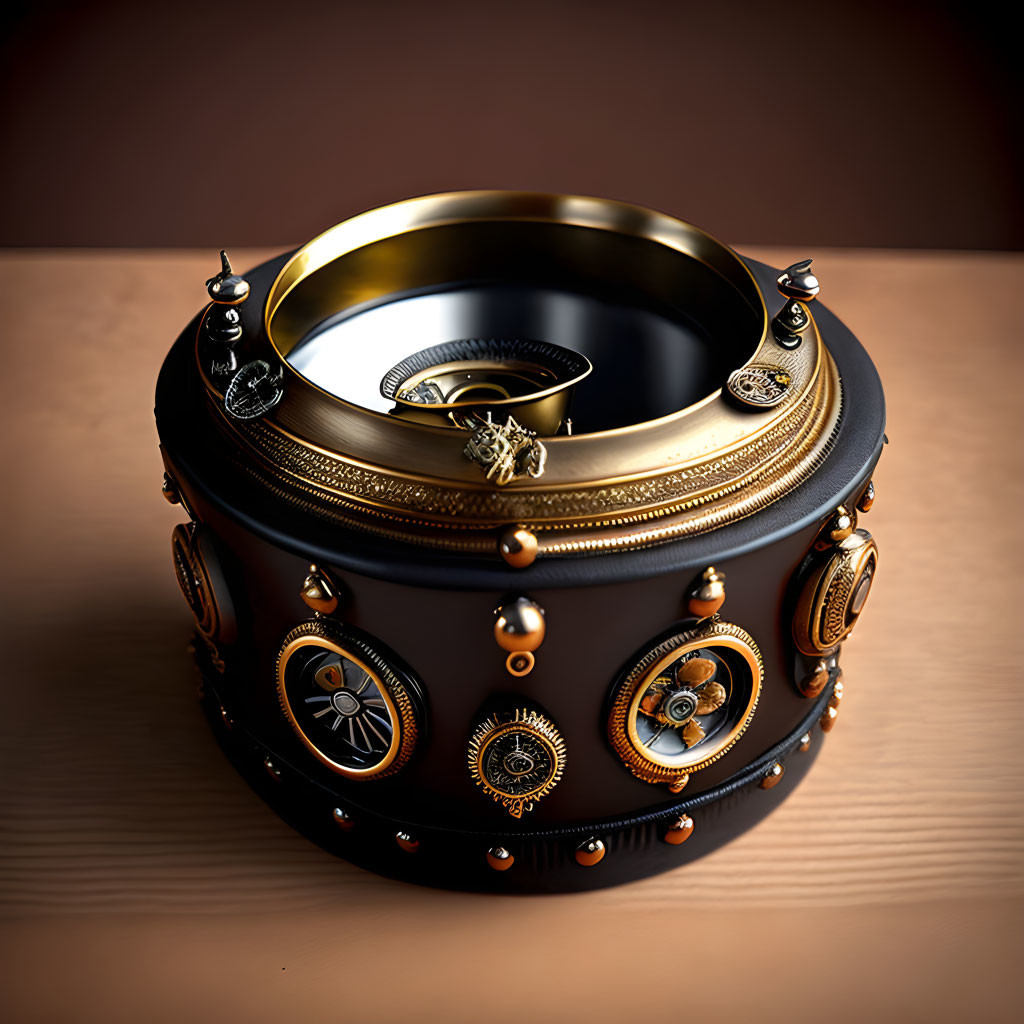 Steampunk-inspired container with gears on polished wood surface