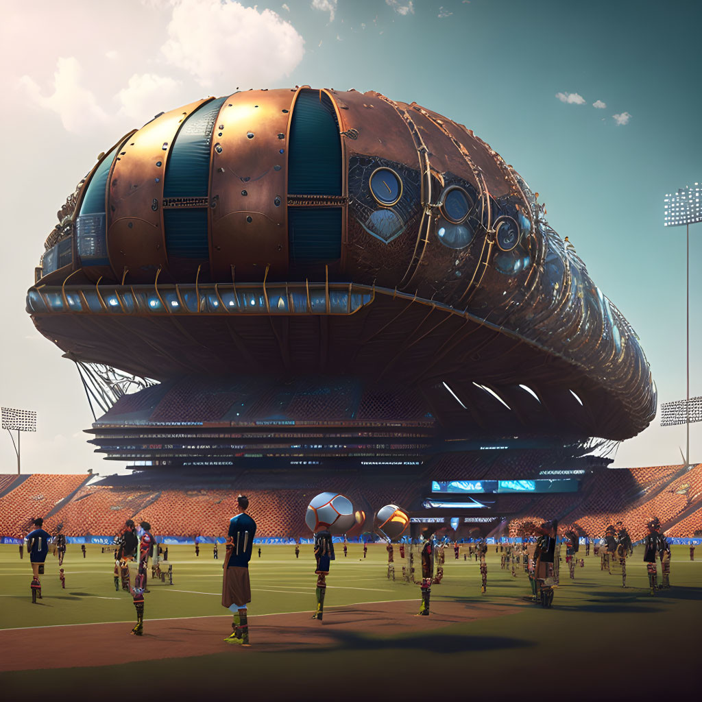 Futuristic soccer match under enormous hovering spacecraft