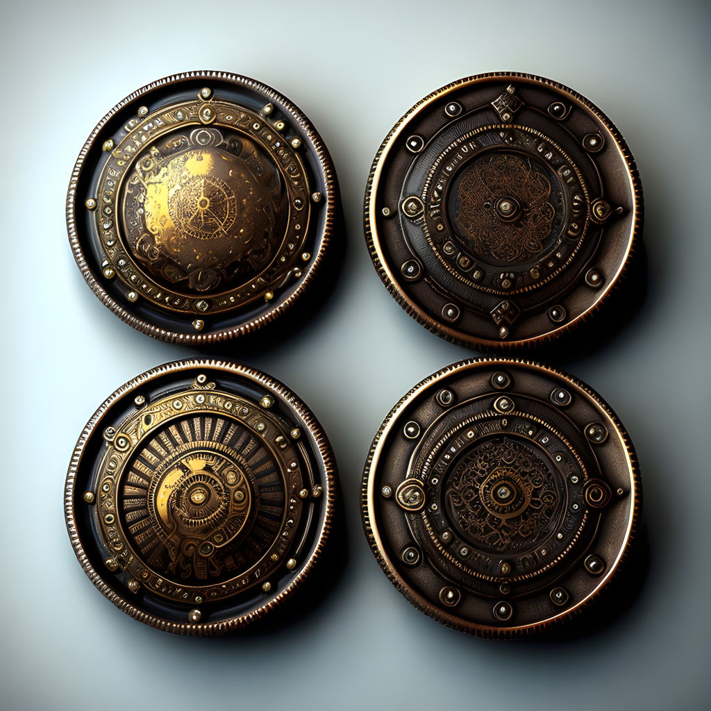 Steampunk-style shield emblems with cog and gear motifs in gold and dark metallic tones