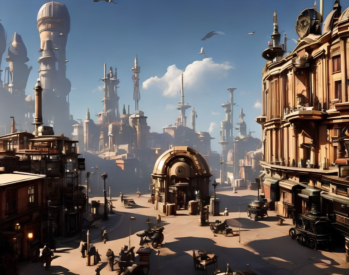 Ornate futuristic cityscape with advanced structures, bustling streets, and clear blue sky