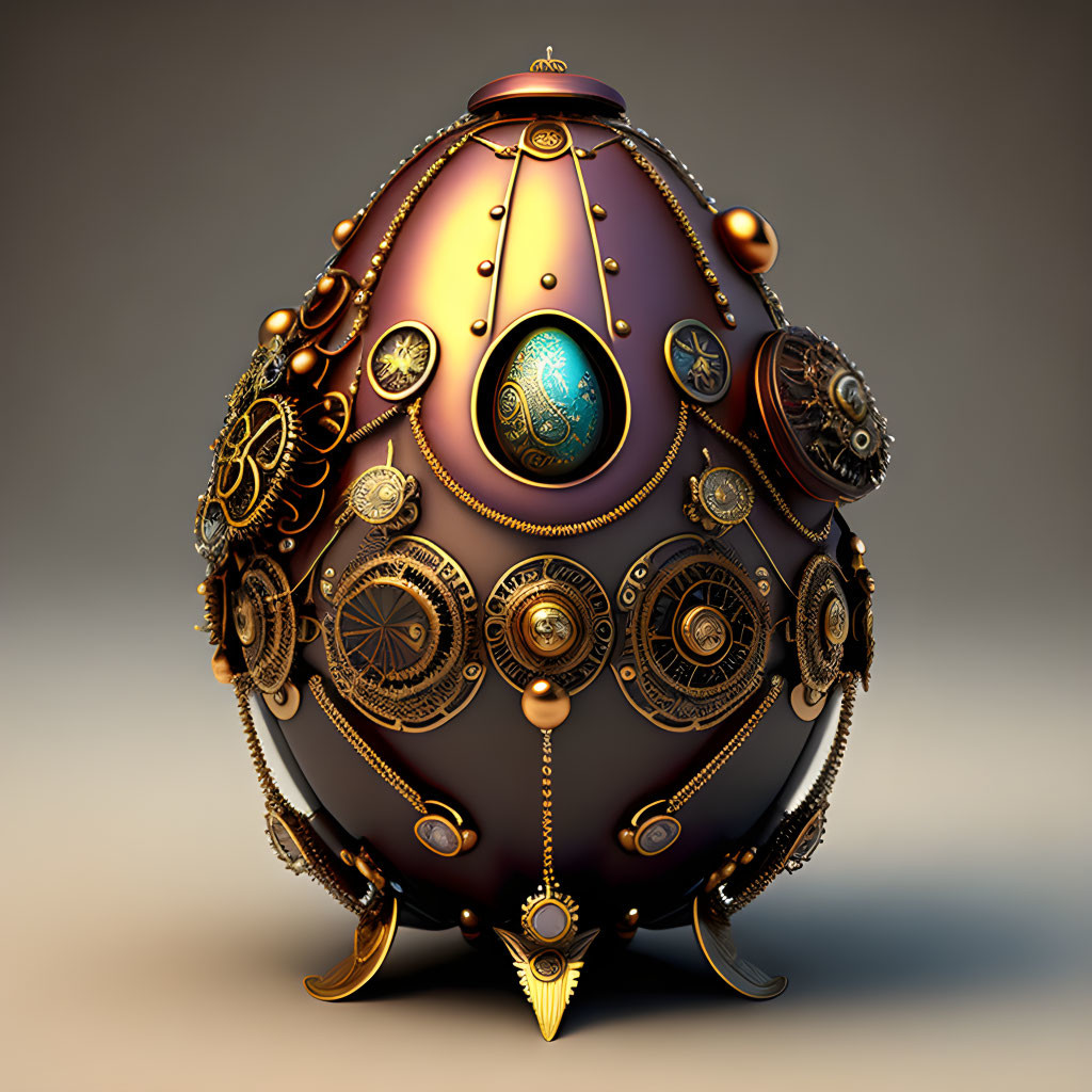 Steampunk-style egg with gears and metallic embellishments on gradient background