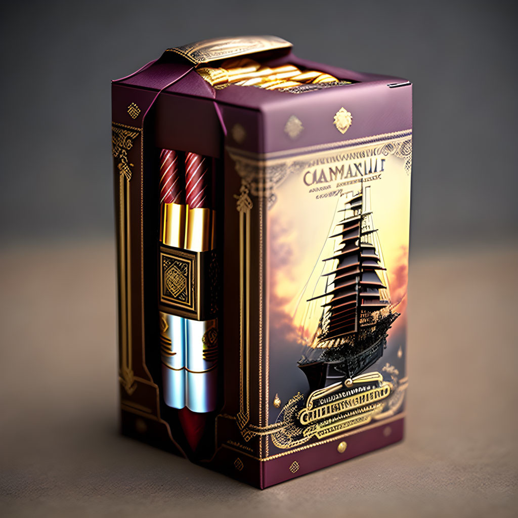 Luxurious Packaging Design: Classic Ship Illustration, Metallic Accents, Elegant Typography