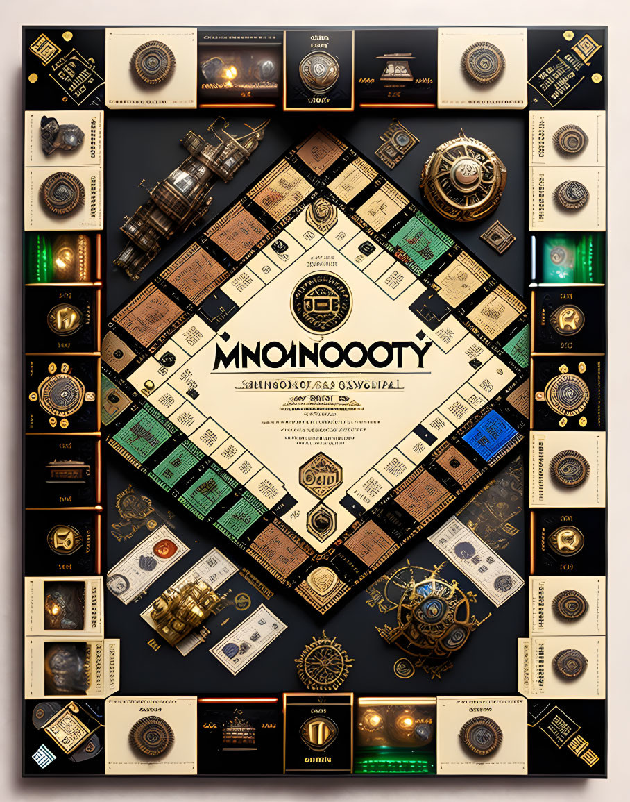 Steampunk-themed Monopoly board game with gears and vintage elements