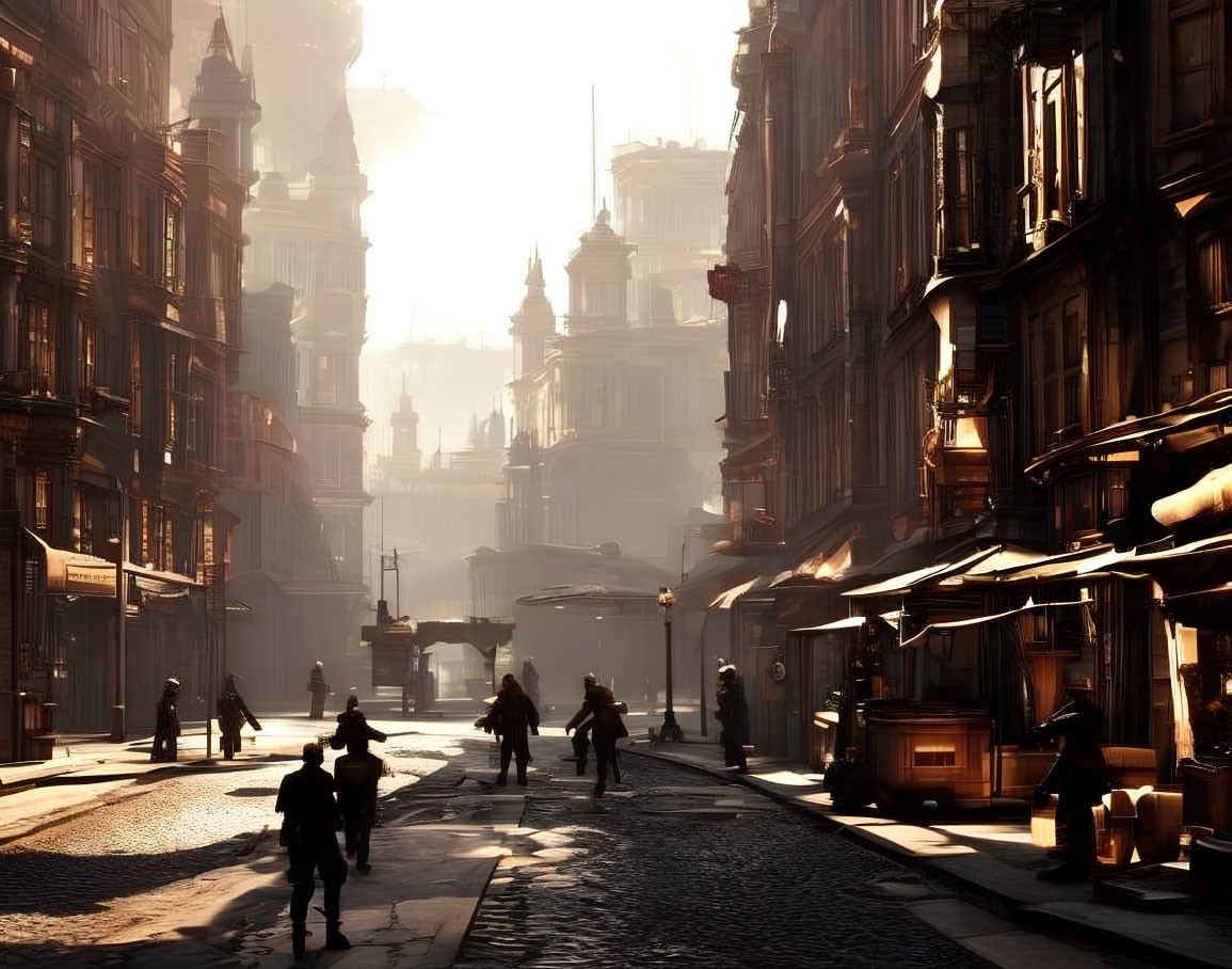 City street with old buildings and pedestrians in warm sunlight