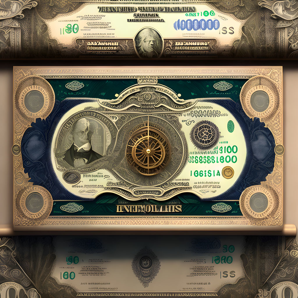 Detailed Steampunk $100 Bill Design with Gears and Portrait