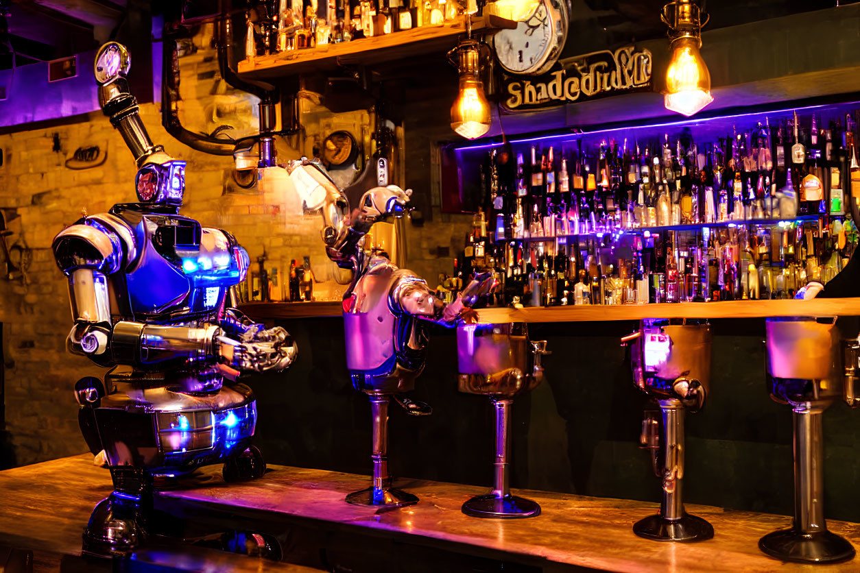 Robot and girl at bar with drinks in warm ambient lighting.