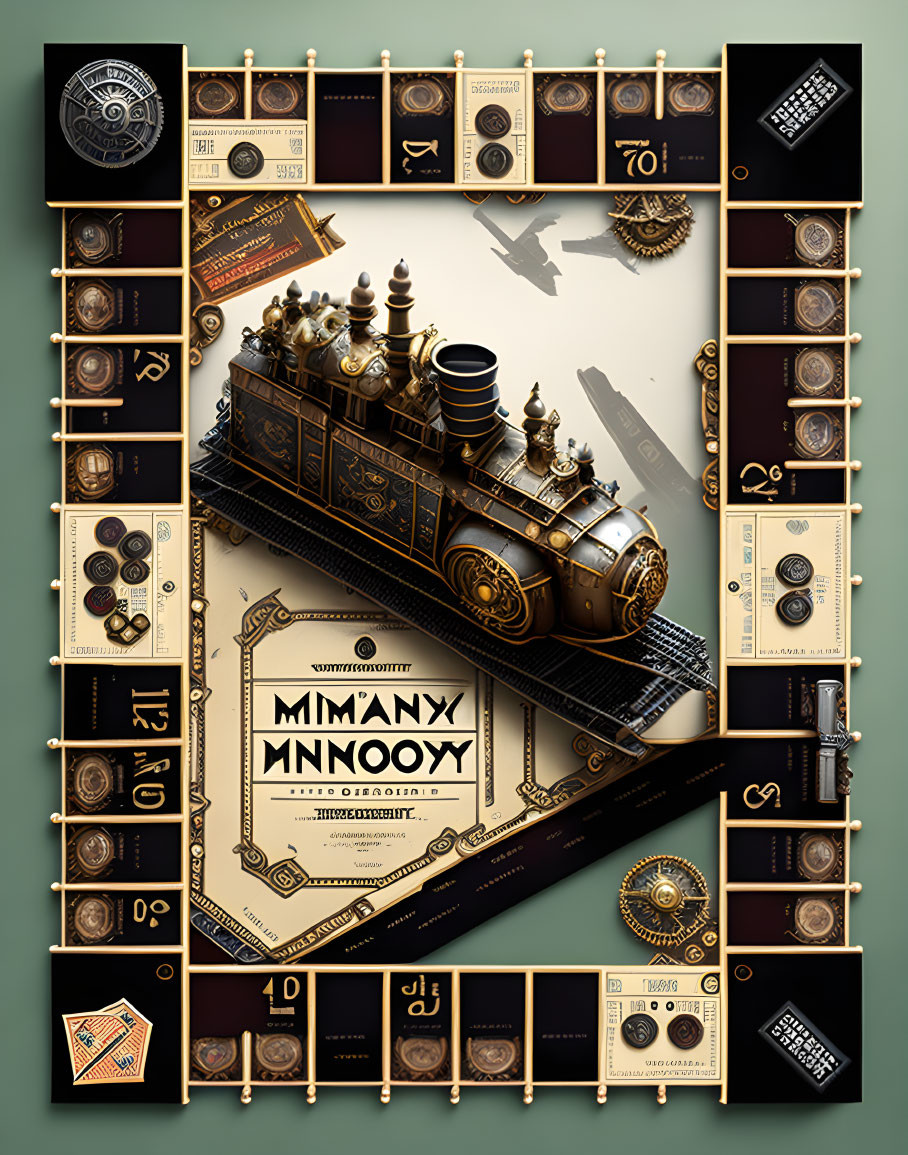 Steam Locomotive Graphic with Vintage Tickets and Gears in Brown, Gold, and Black