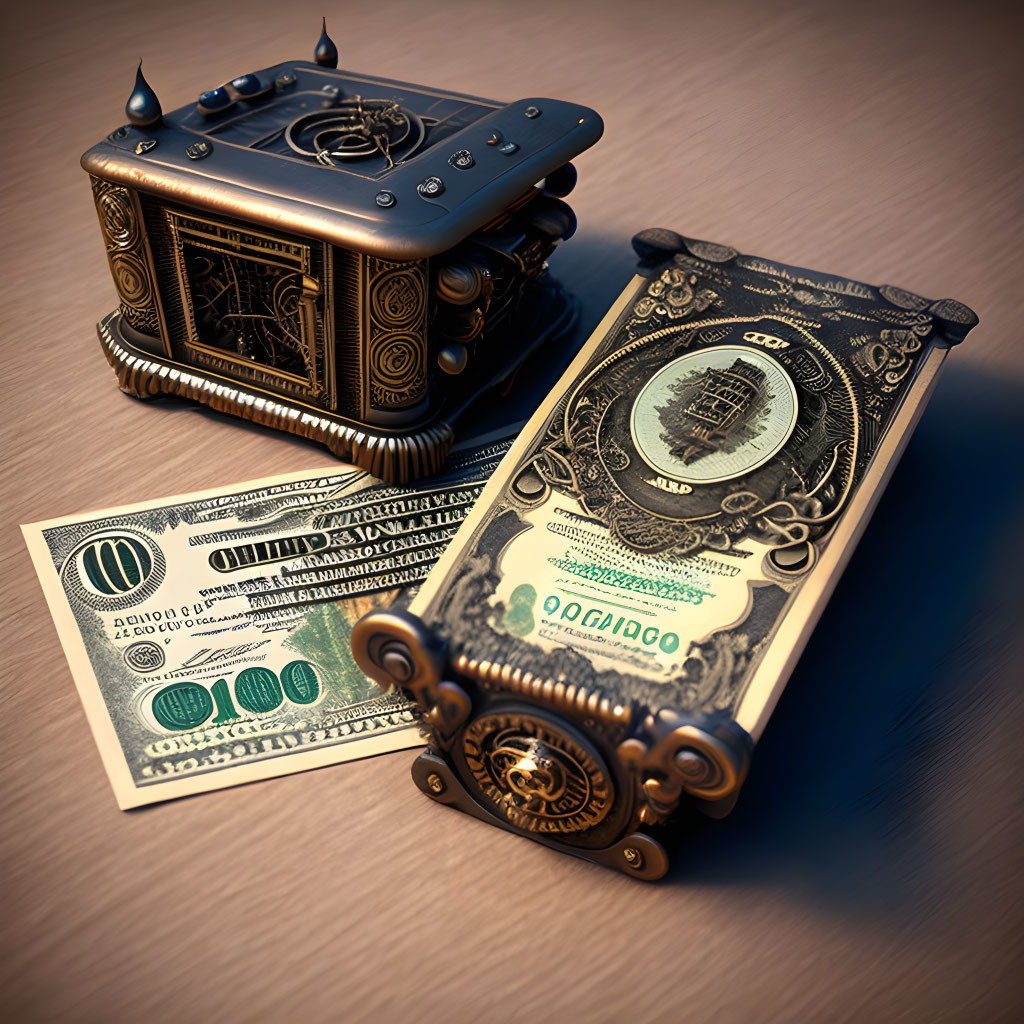 Steam-punk styled cash register and dollar bills with intricate designs on wooden surface