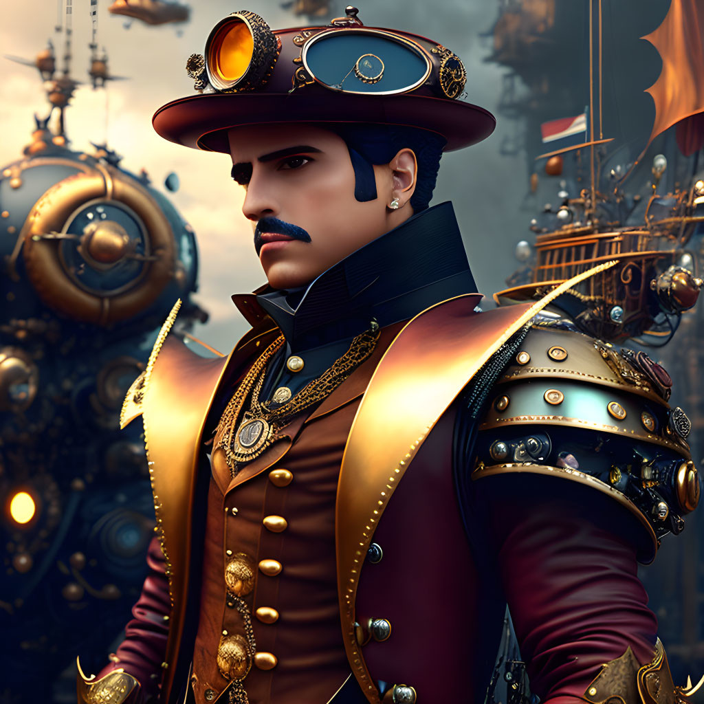 Steampunk character with a mustache and goggles in burgundy and gold outfit