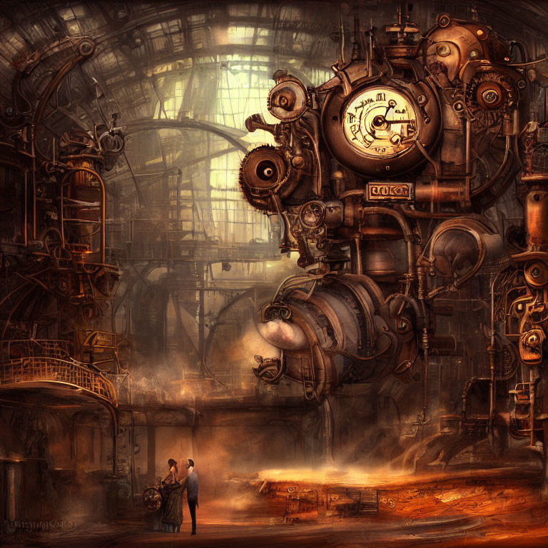 Detailed Steampunk Machinery Scene with Two Figures in Industrial Interior