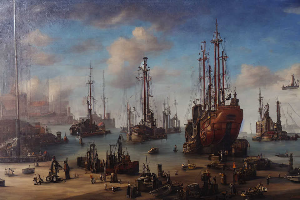 Detailed painting of bustling port with ships and figures under cloudy sky