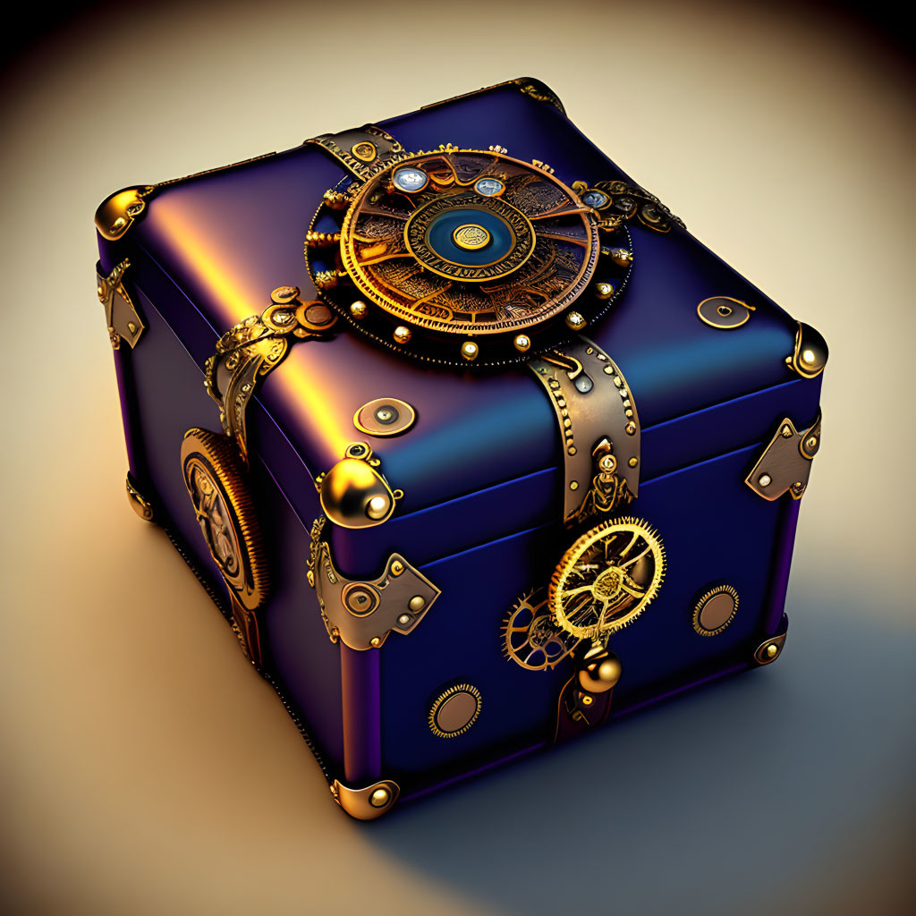 Ornate steampunk-inspired cube with gold detailing and gears