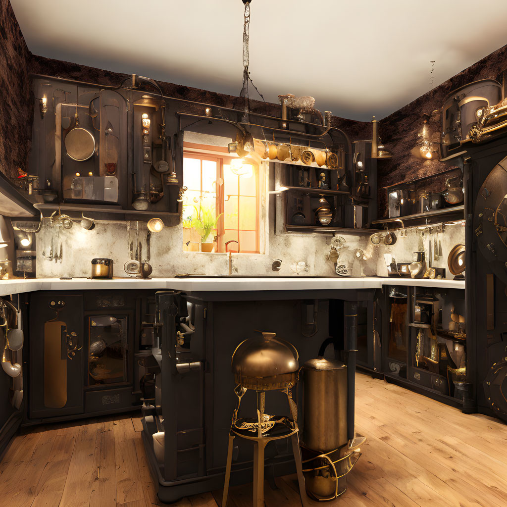 Vintage kitchen with copper utensils, central island, hanging pots, warm lighting