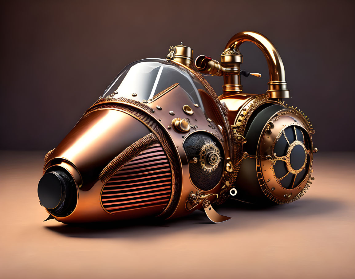 Steampunk-style submarine with copper design on brown gradient background