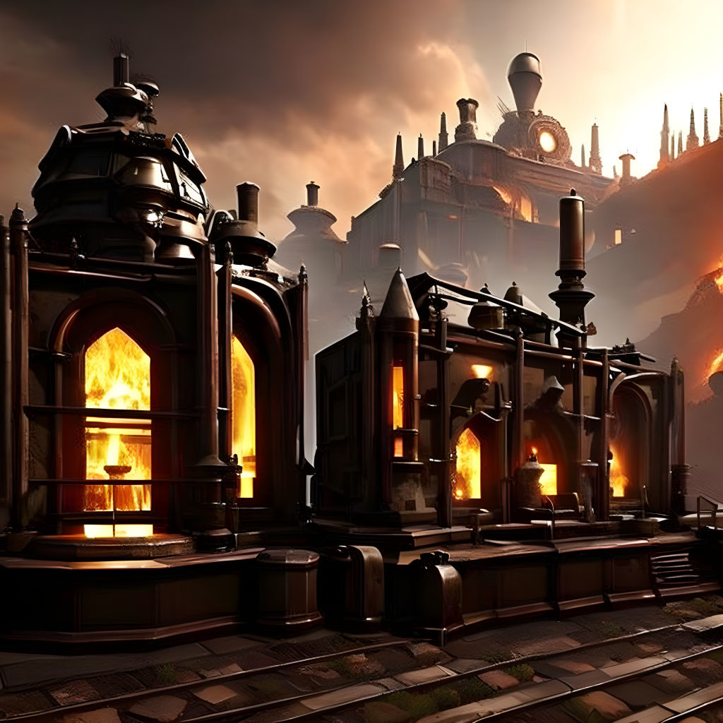 Steampunk-style industrial complex with fiery furnaces and intricate metalwork.