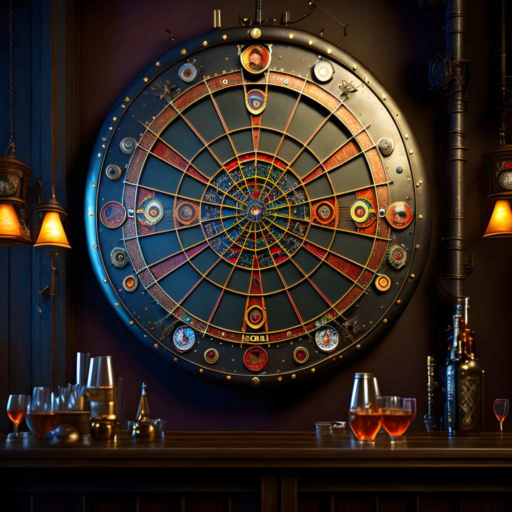 Steampunk-themed dartboard on dark wall with vintage lamps and drinks.