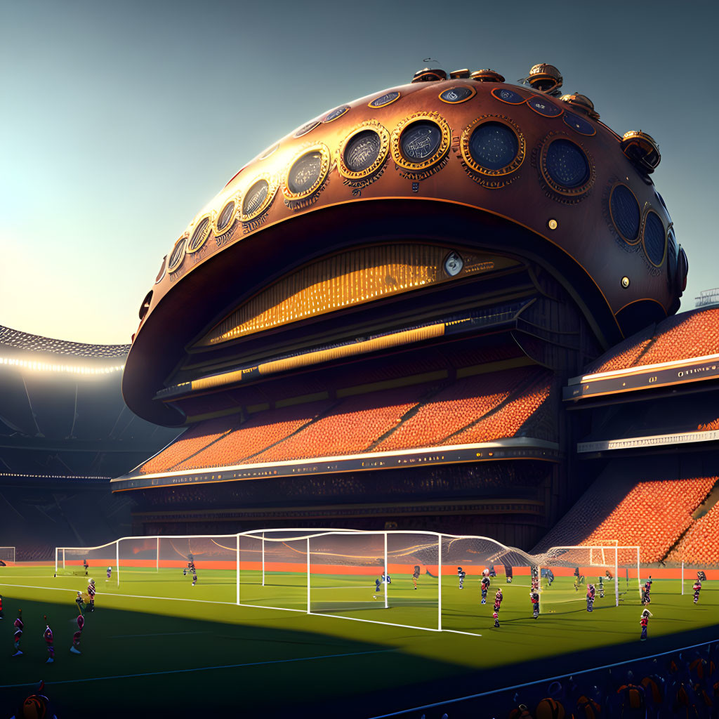 Futuristic stadium with hovering dome structure at sunrise or sunset