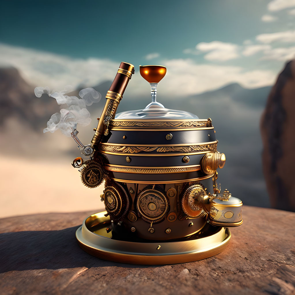 Steampunk-style teapot with intricate gears and metallic details against mountainous backdrop