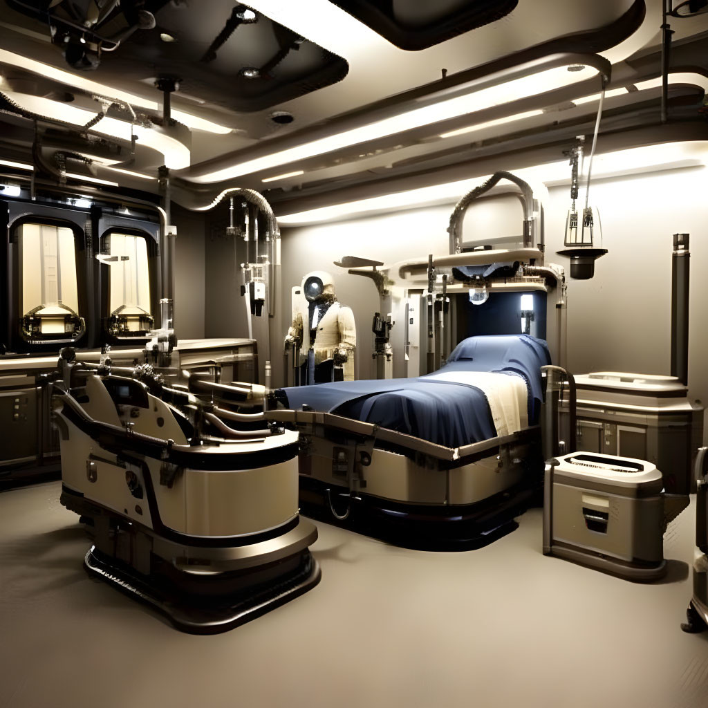 Futuristic medical bay with advanced equipment and person in spacesuit