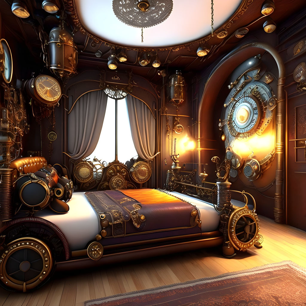 Steampunk-themed bedroom with brass accents and vintage decor