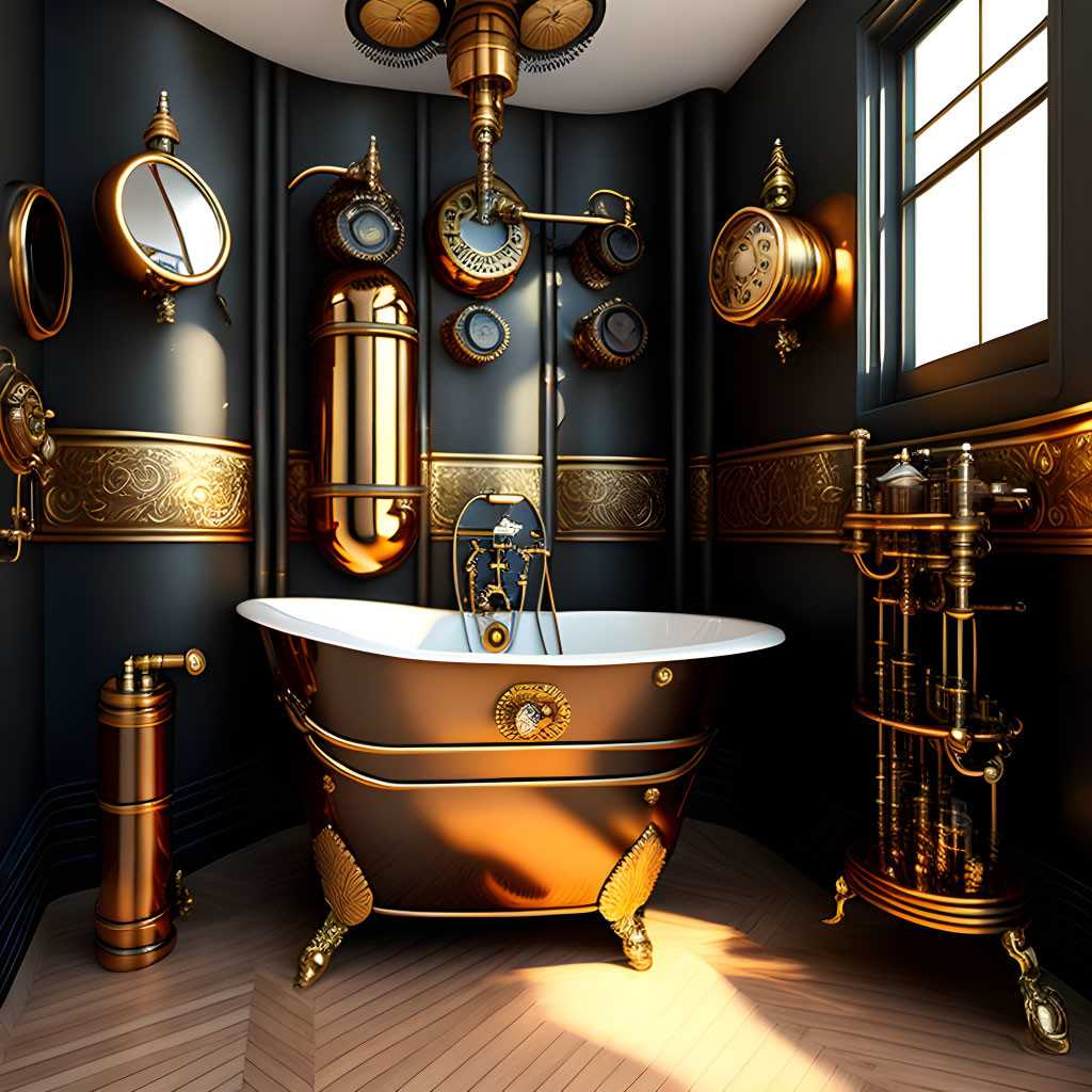 Luxurious Steampunk-Inspired Bathroom with Brass Fixtures and Clawfoot Tub