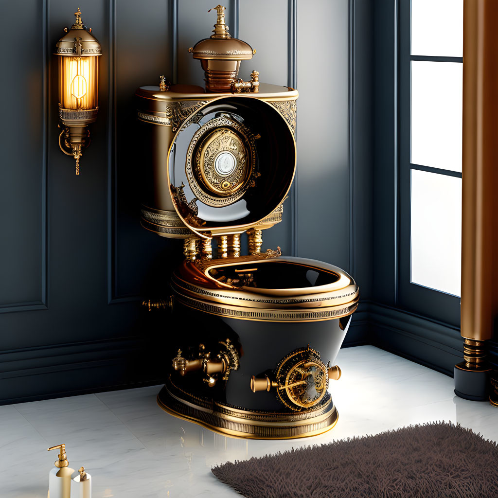 Luxurious Black and Gold Ornate Toilet in Dark Room with Large Window