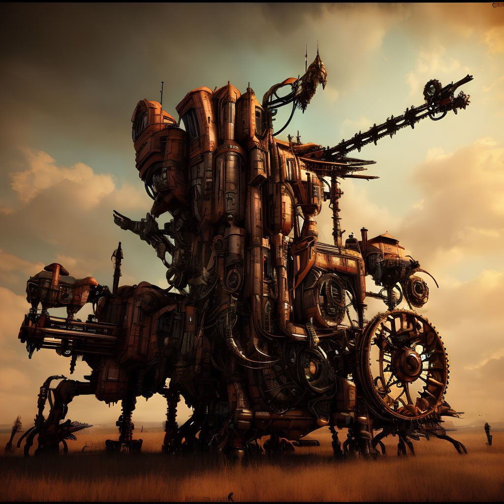 Steampunk-inspired mechanical structure with gears and pipes in dusky setting