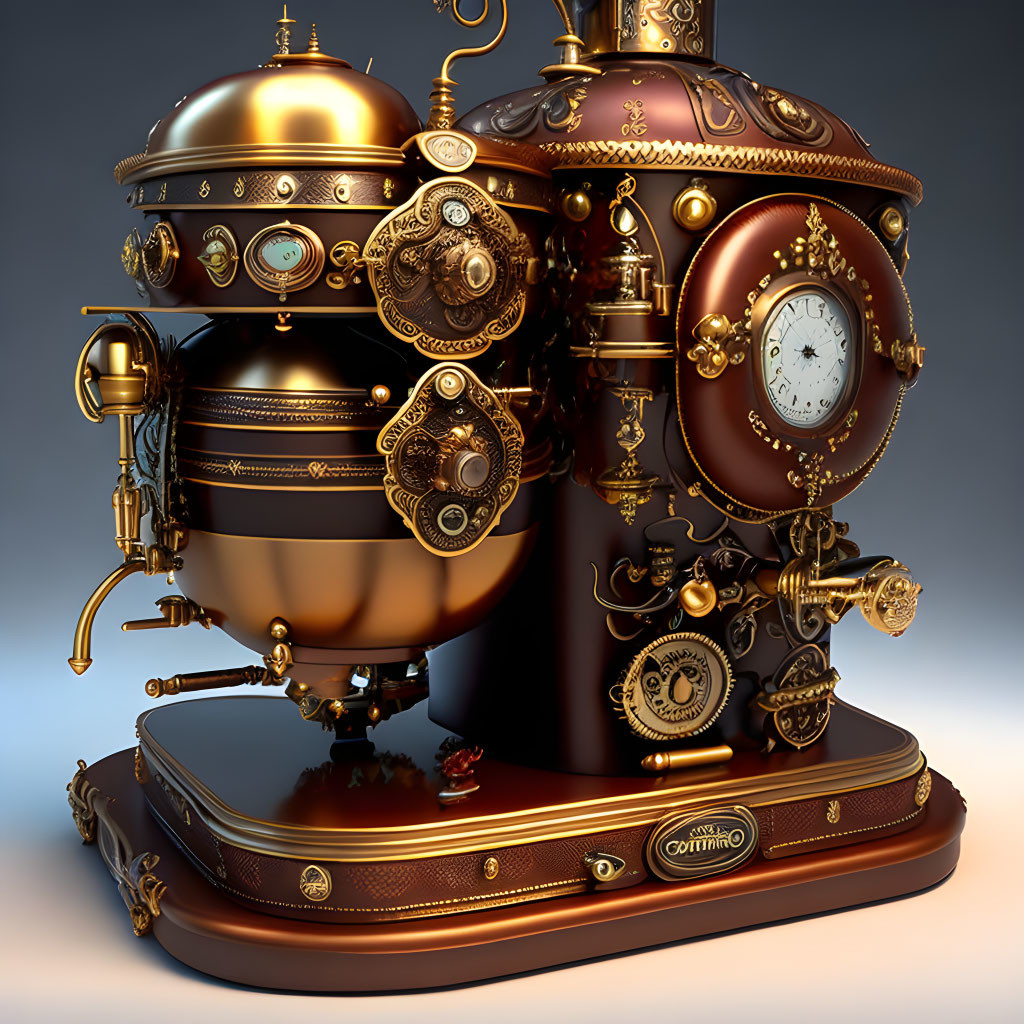 Intricate Steampunk Coffee Machine with Gears and Vintage Clock